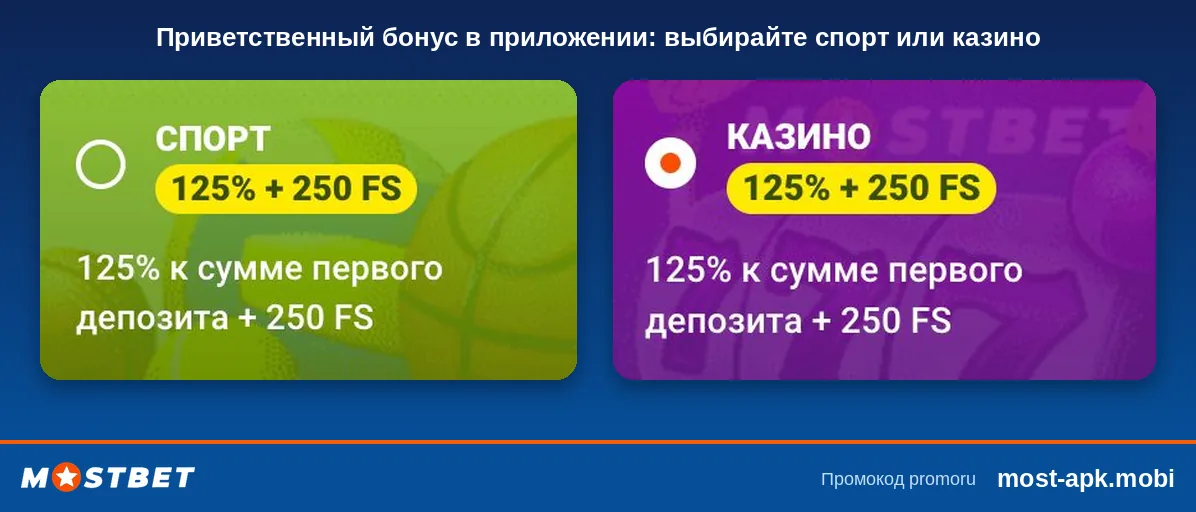 Два приветственных бонуса Mostbet: Спорт 125% + 250 FS и Казино 125% + 250 FS к сумме первого депозита Два приветственных бонуса Mostbet: Спорт 125% + 250 FS и Казино 125% + 250 FS к сумме первого депозита